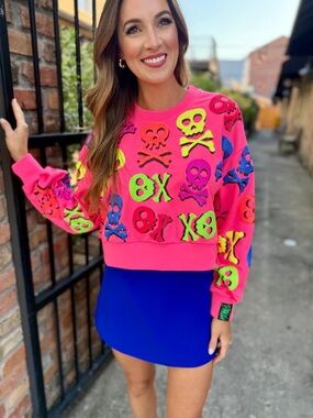 Justice Neon Pink Sequin Skull Sweatshirt LIKE NEW